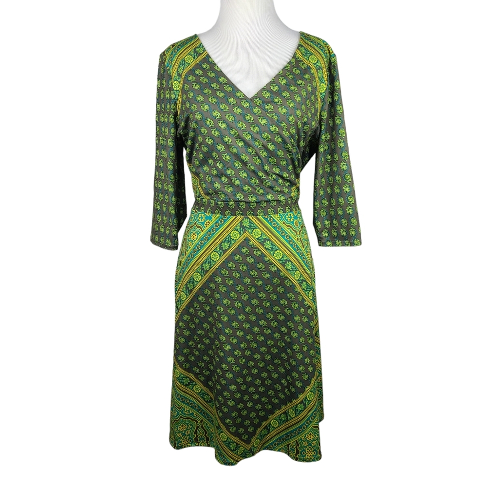 Prana green, blue, and gray faux wrap a-line dress with tie belt size large